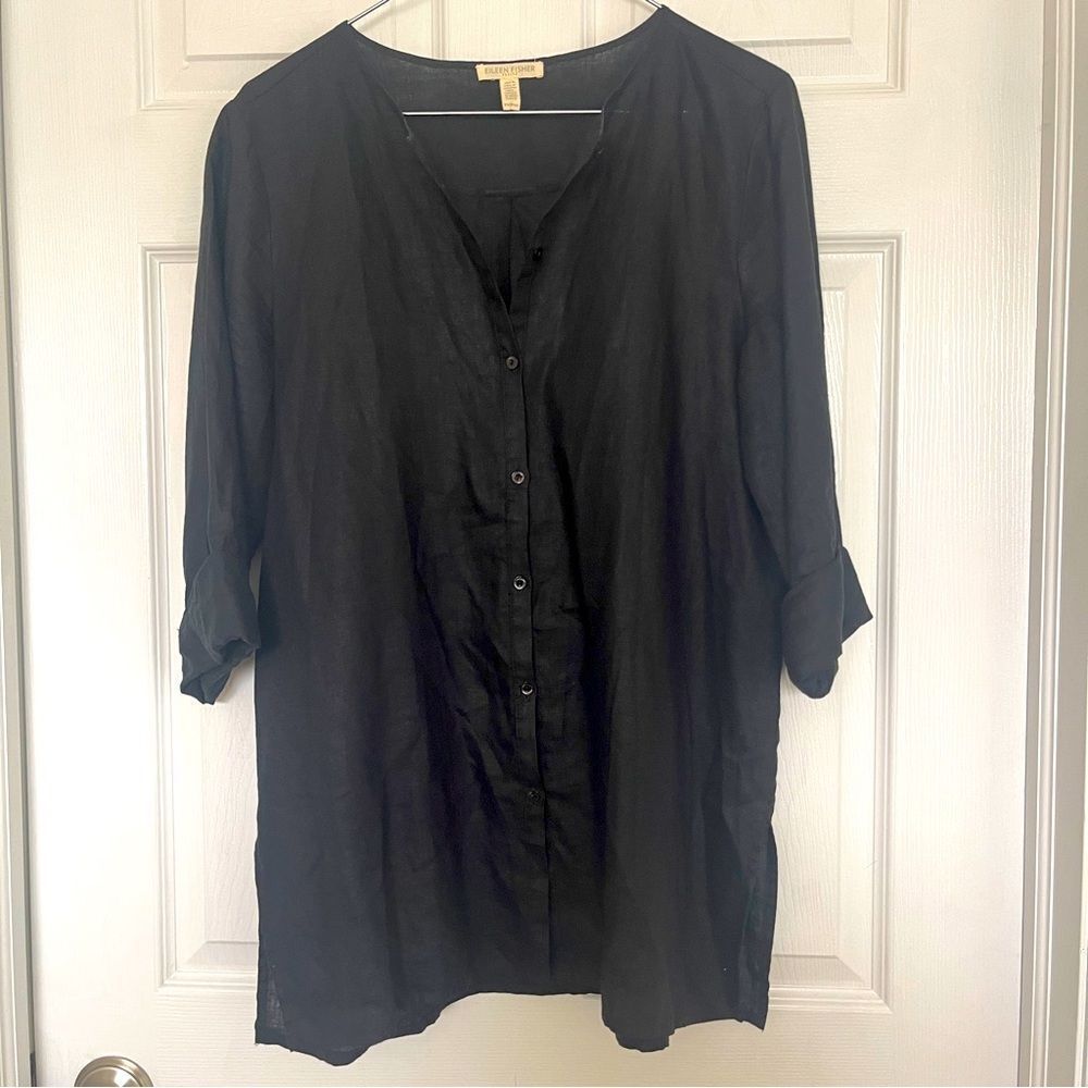 Eileen Fisher Organic Linen Button-Up Blouse Sz PM Gently Worn